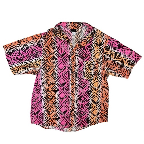 Vintage 90s Island Native Hawaiian Aztec Print Short Sleeve Button Up Shirt Neon - Picture 8 of 8